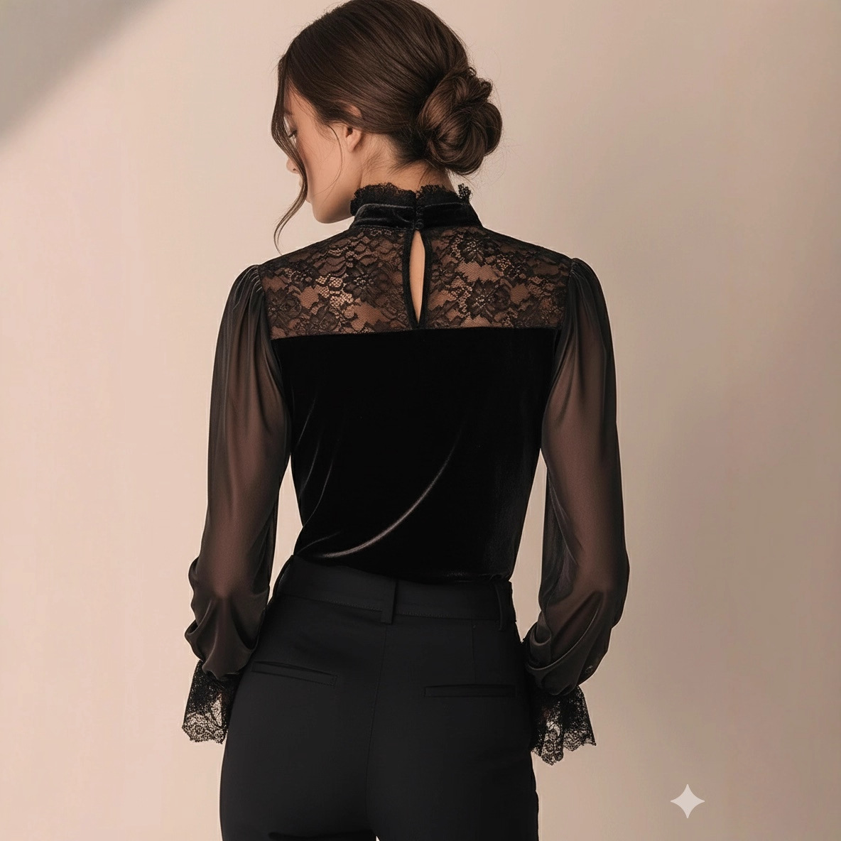 French Vintage Luxury Pure Desire Lace-patchwork Velvet Blouse