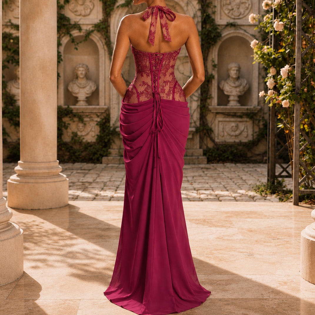 Elegant Solid Color Lace Bodycon Evening Gown Maxi Dress