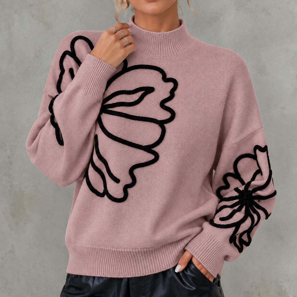 3D Floral High Neck Knit Sweater