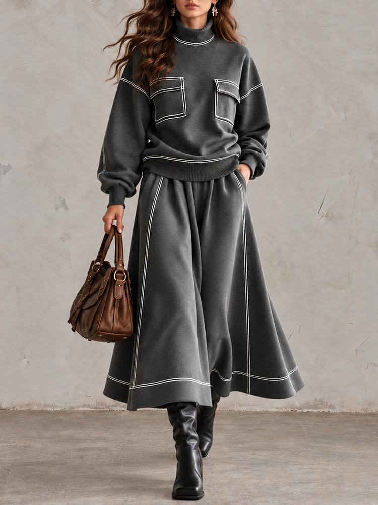 High-neck Color-block Top And Loose Wide-hem Skirt Two-piece Set