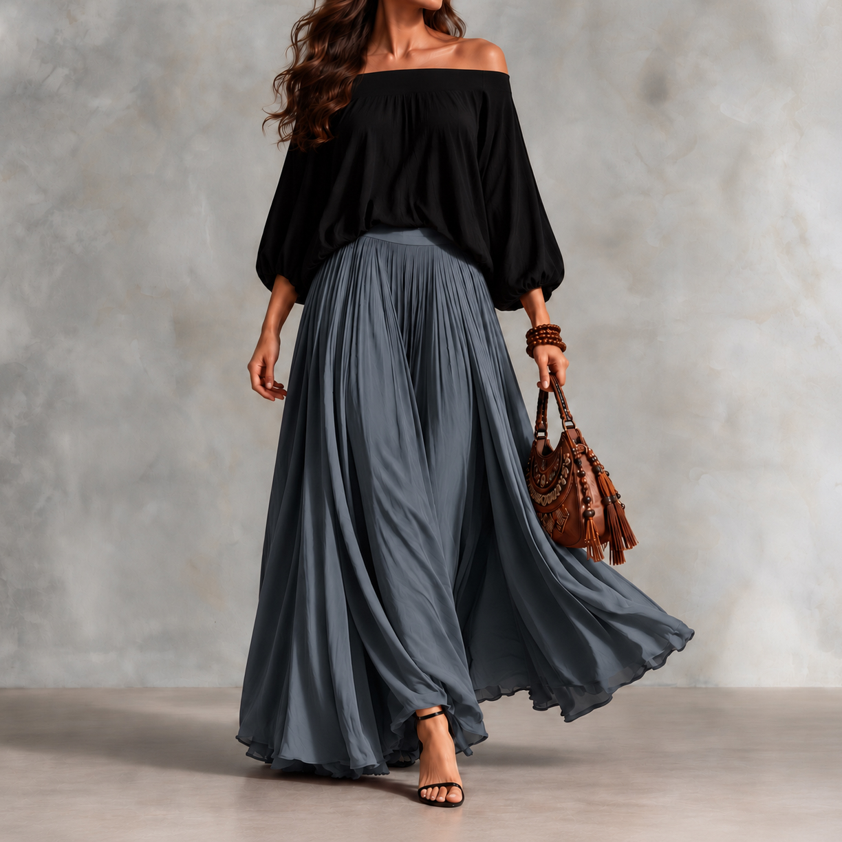 Elegance Solid-color Off-shoulder Top And Skirt Two-piece Set