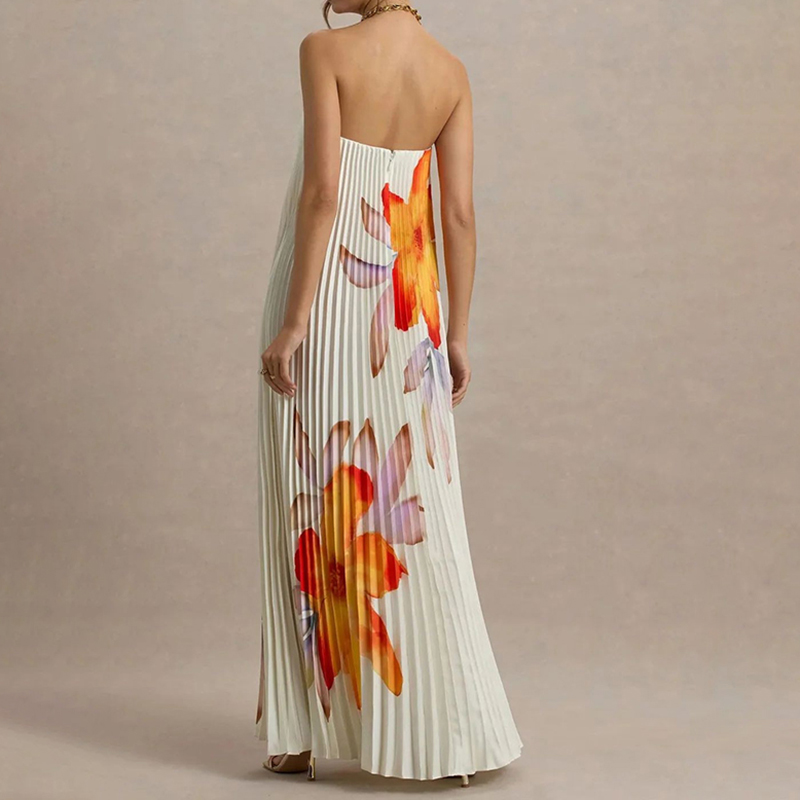 Elegant Printed Bandeau Loose Pleated Dress