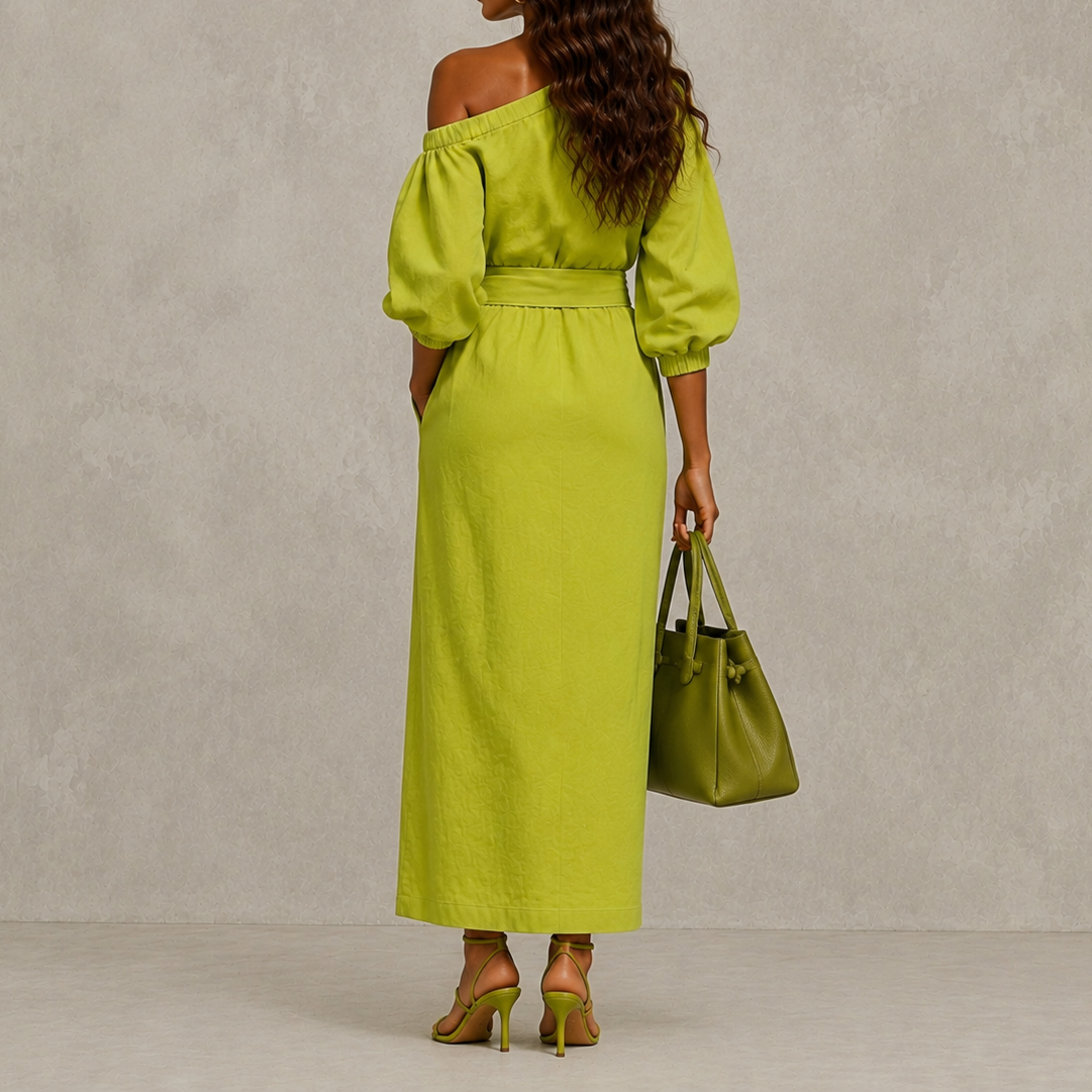 Elegant One-shoulder Long Sleeves With Tie Maxi Dress