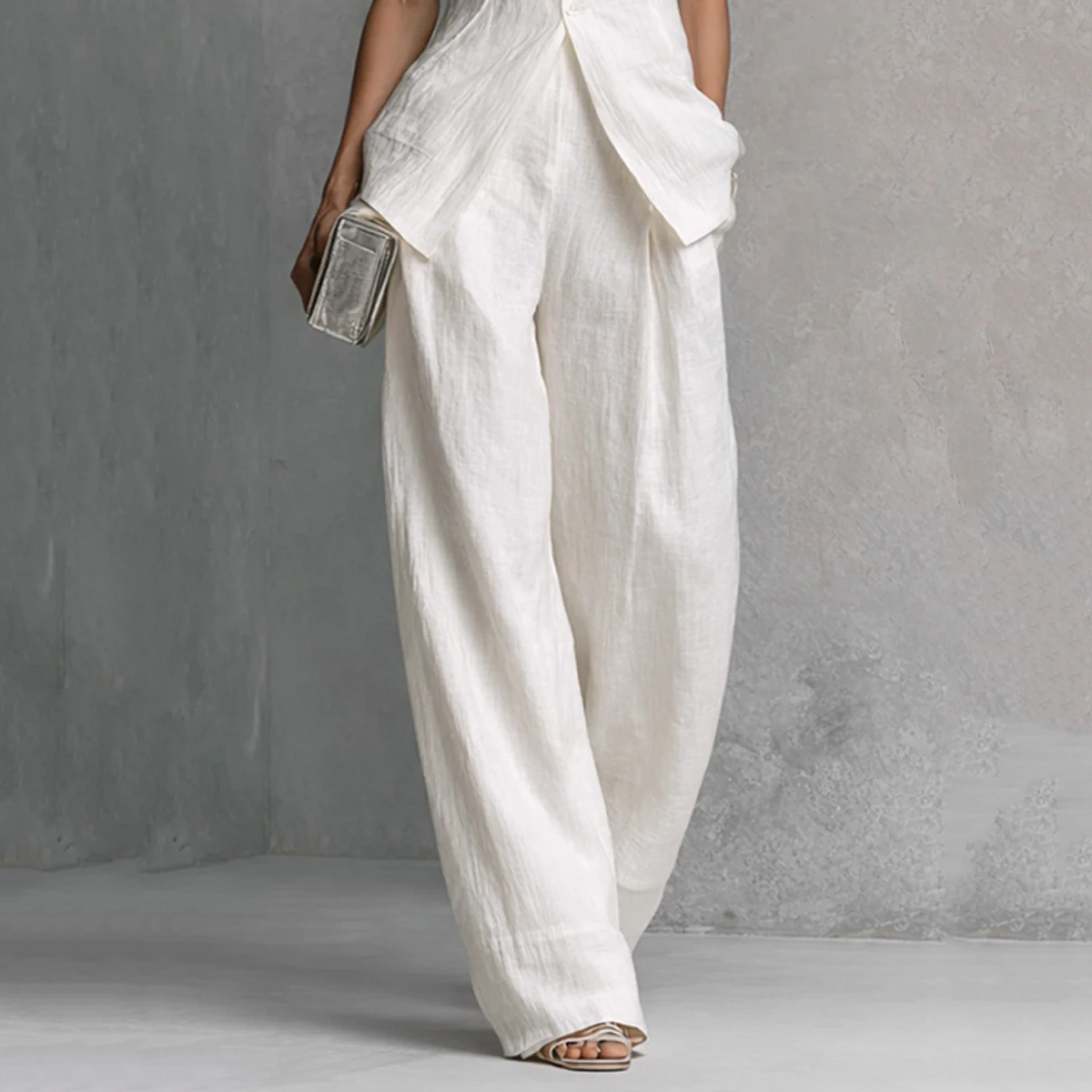 Fashion Elegant Solid Color Sleeveless Cotton Linen Shirt And Trousers Set