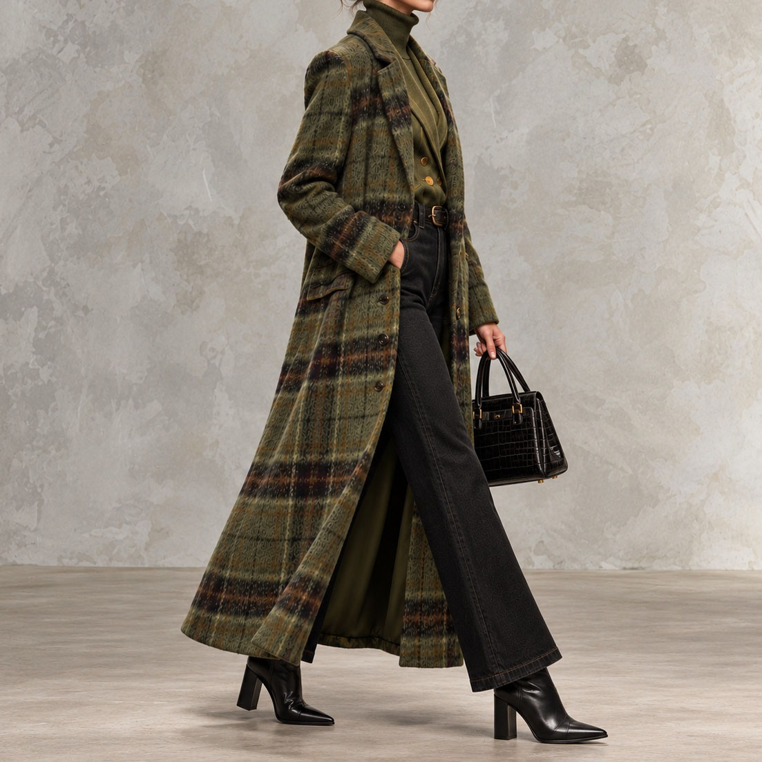 Elegant Long Plaid Wool Coat