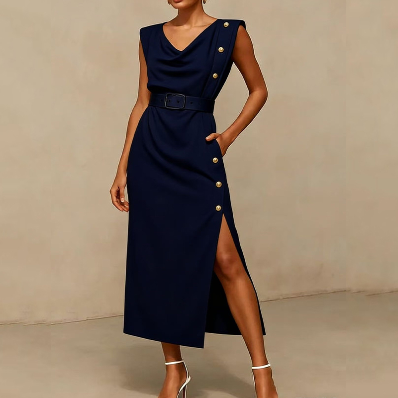 Buttoned Sleeveless Slit Commuting Style Waist Dress