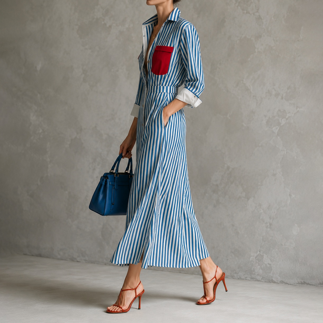 Elegant Striped Front-opening Long Shirt  Maxi Dress