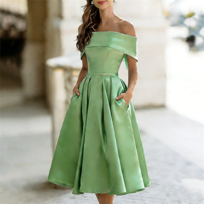 Classy Off Shoulderwide Skirted Satin Maxi Dress