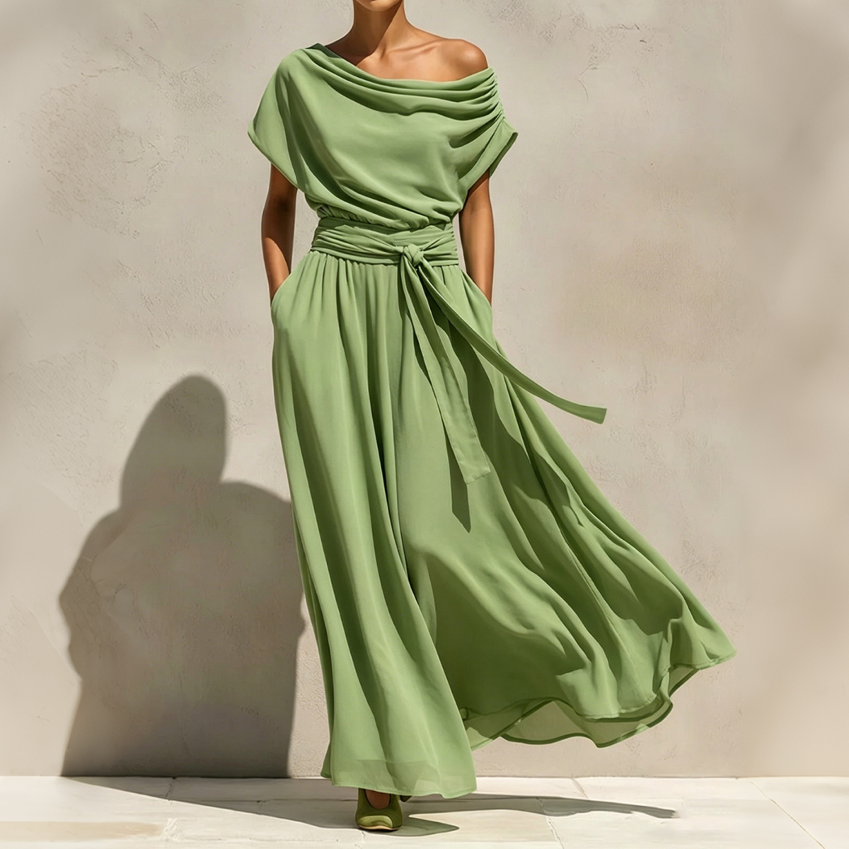 Short-sleeve Pleated Chiffon Waist-cinching Dress