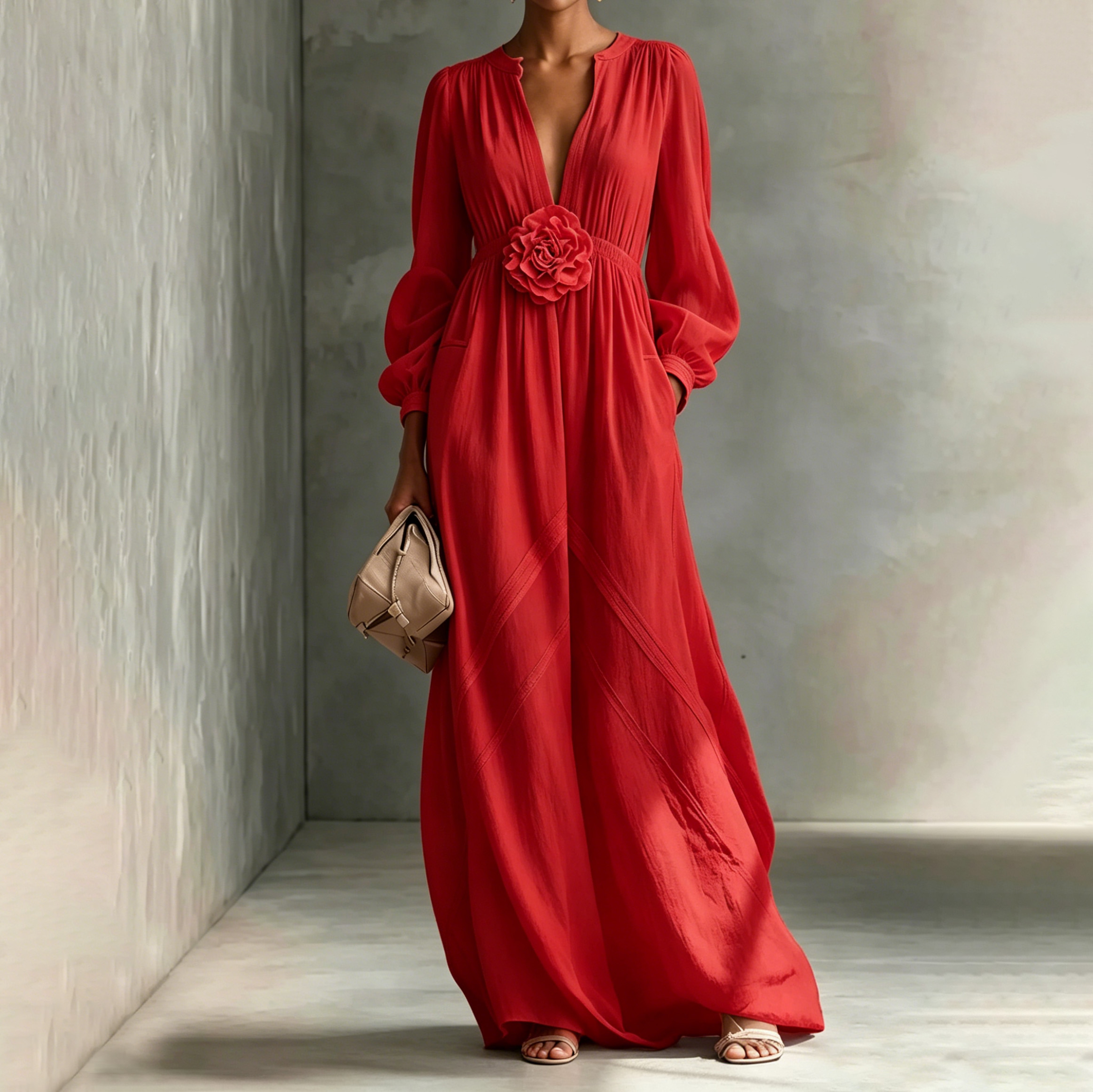 Elegant Three-dimensional Flowers Long Sleeves Dress