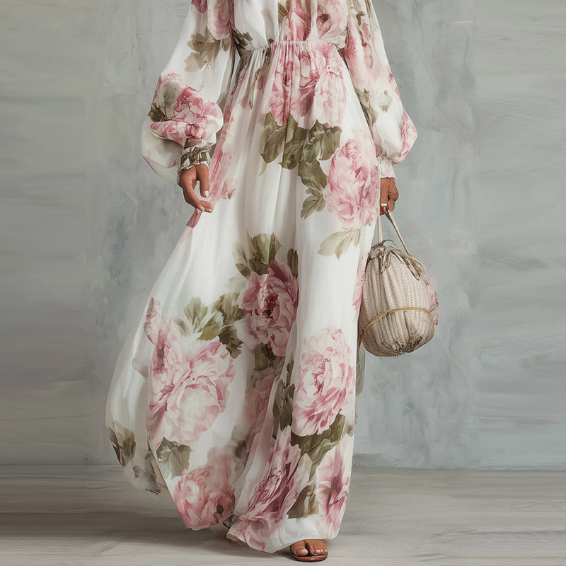 Fashion Printed One-shoulder Lantern Sleeve Elegant Dress