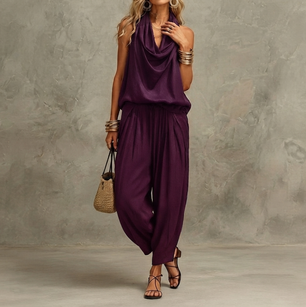 Retro Halter Neck Wide-leg Jumpsuit