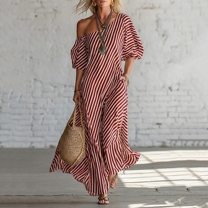 Women's Elegant Striped Off-shoulder Cotton Dress