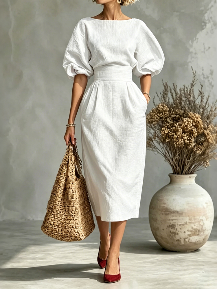 Elegant Pleated Waist Boat Neck A-line Skirt With Puff Sleeves Max Dress