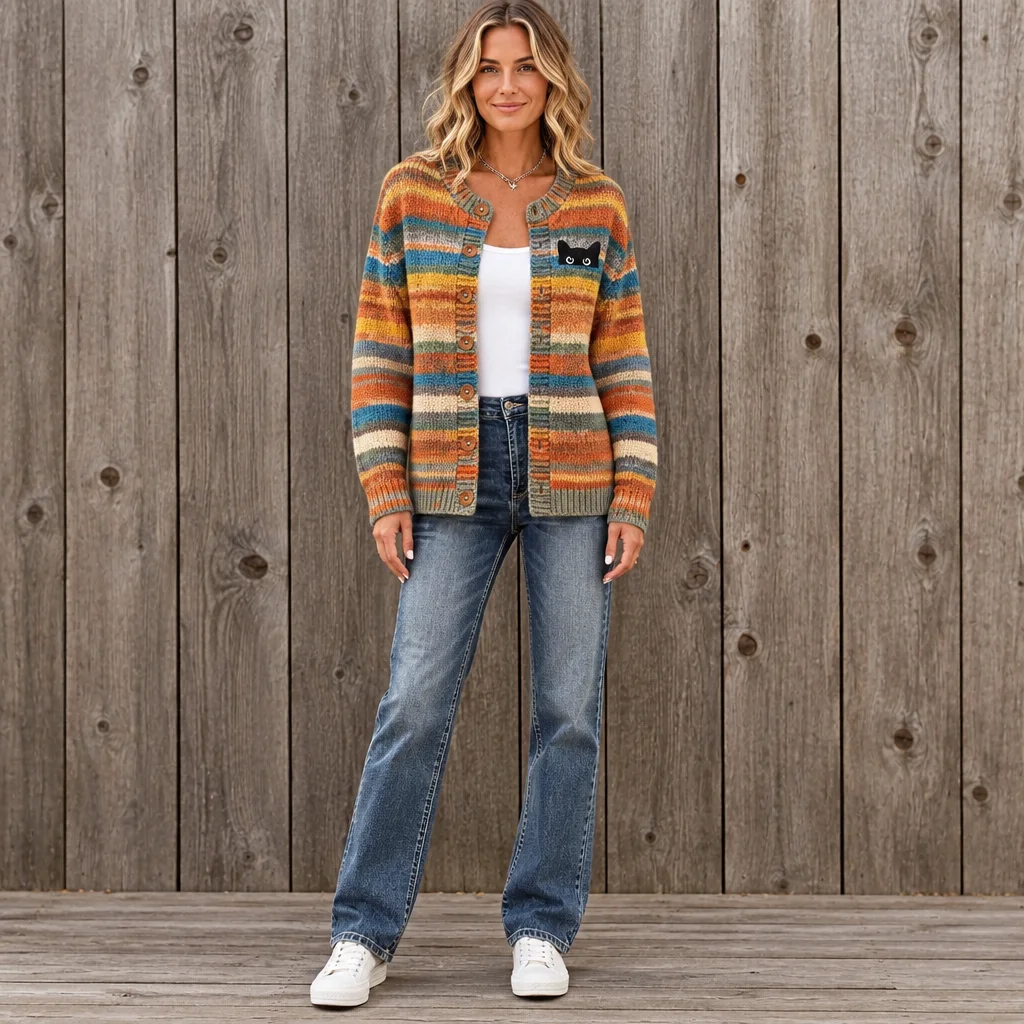 Women's Cute Black Cat Patch Colorful Stripe Relaxed Fit Button Front Knit Cardigan Sweater