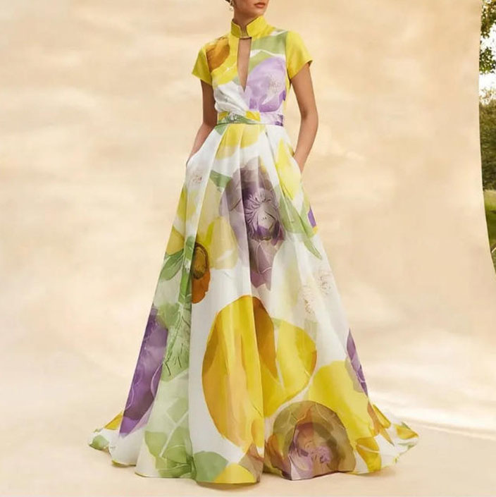 Vacation Floral Printing Stand Collar Maxi Dress
