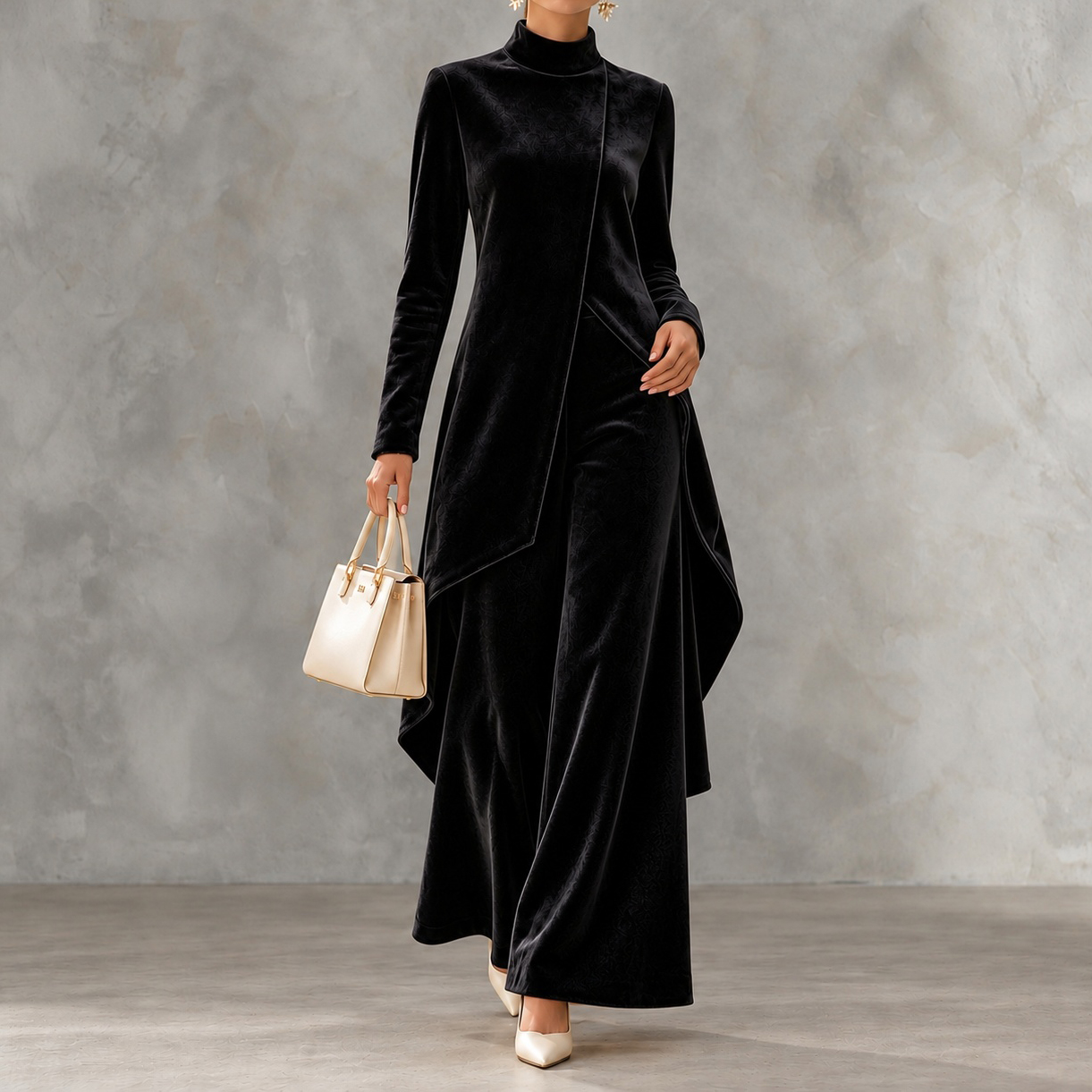 Velvet Asymmetric Long Sleeves And Stand Collar Two-piece Set