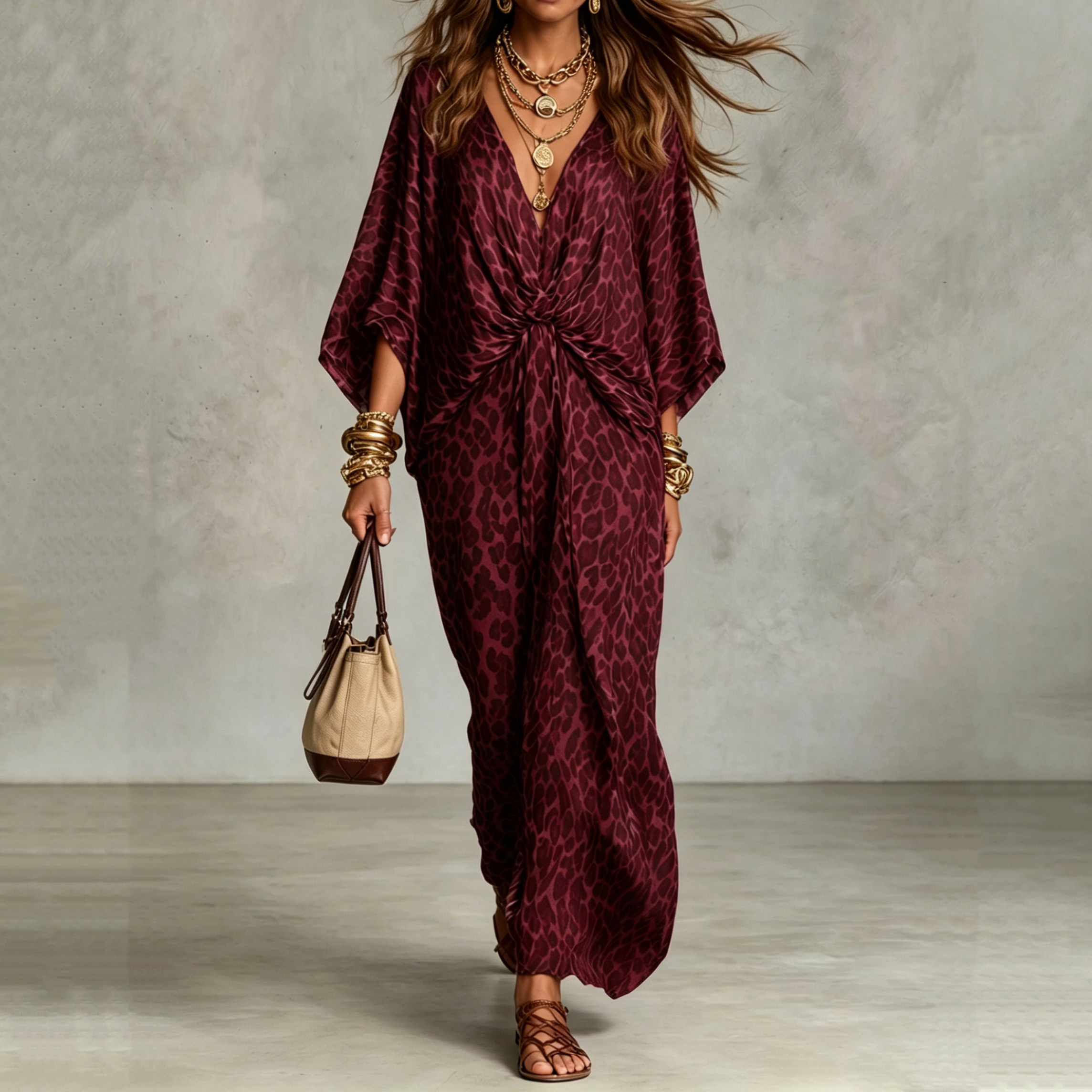 Vacation V-neck  Leopard Print Waist Beach Maxi Dress