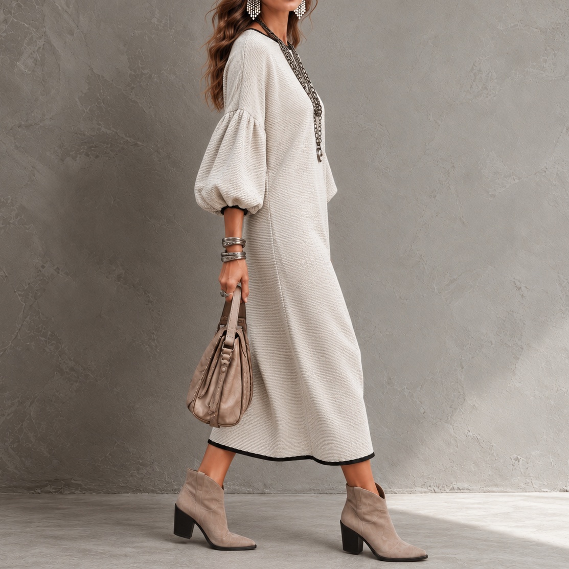Elegant Solid-color Crew Neck With Puff Sleeves Maxi Dress