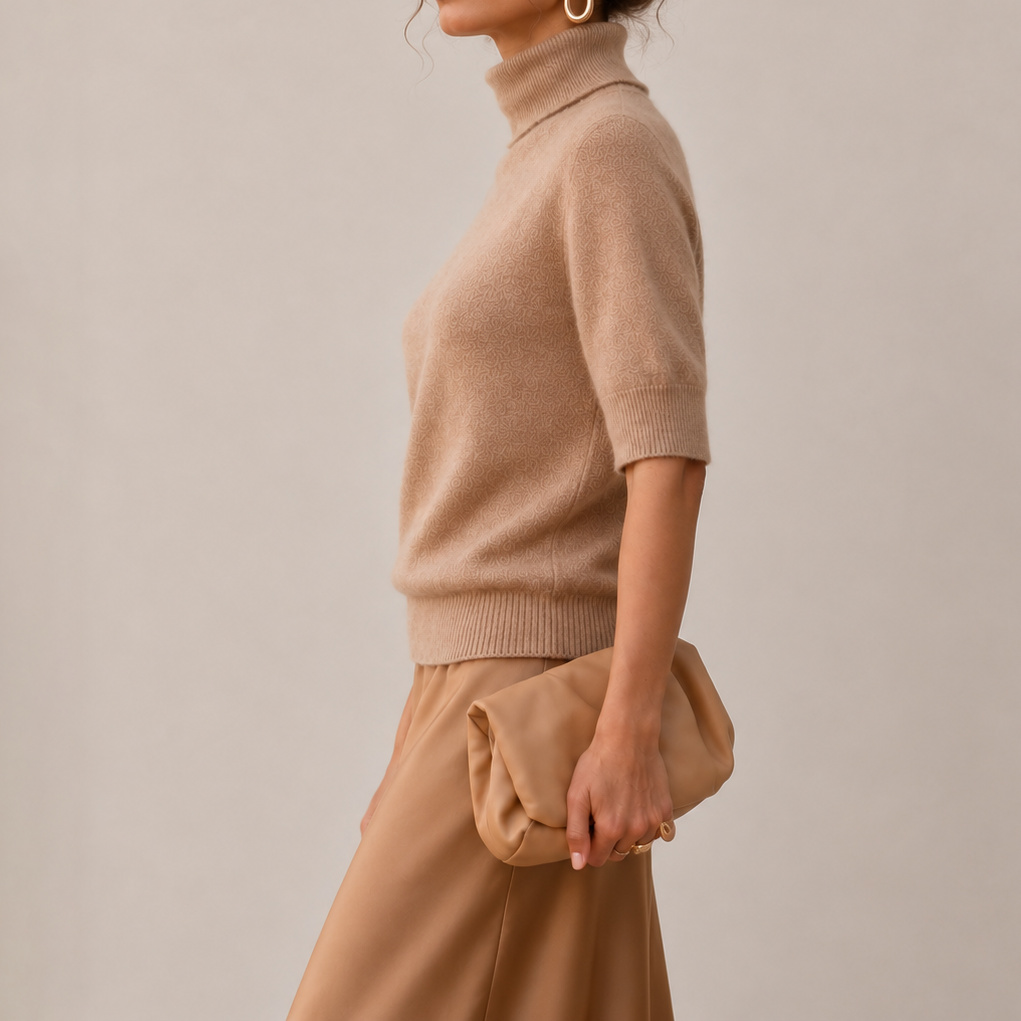 Elegance Cashmere Knit Base Layer With Lapel And Elbow-length Sleeves