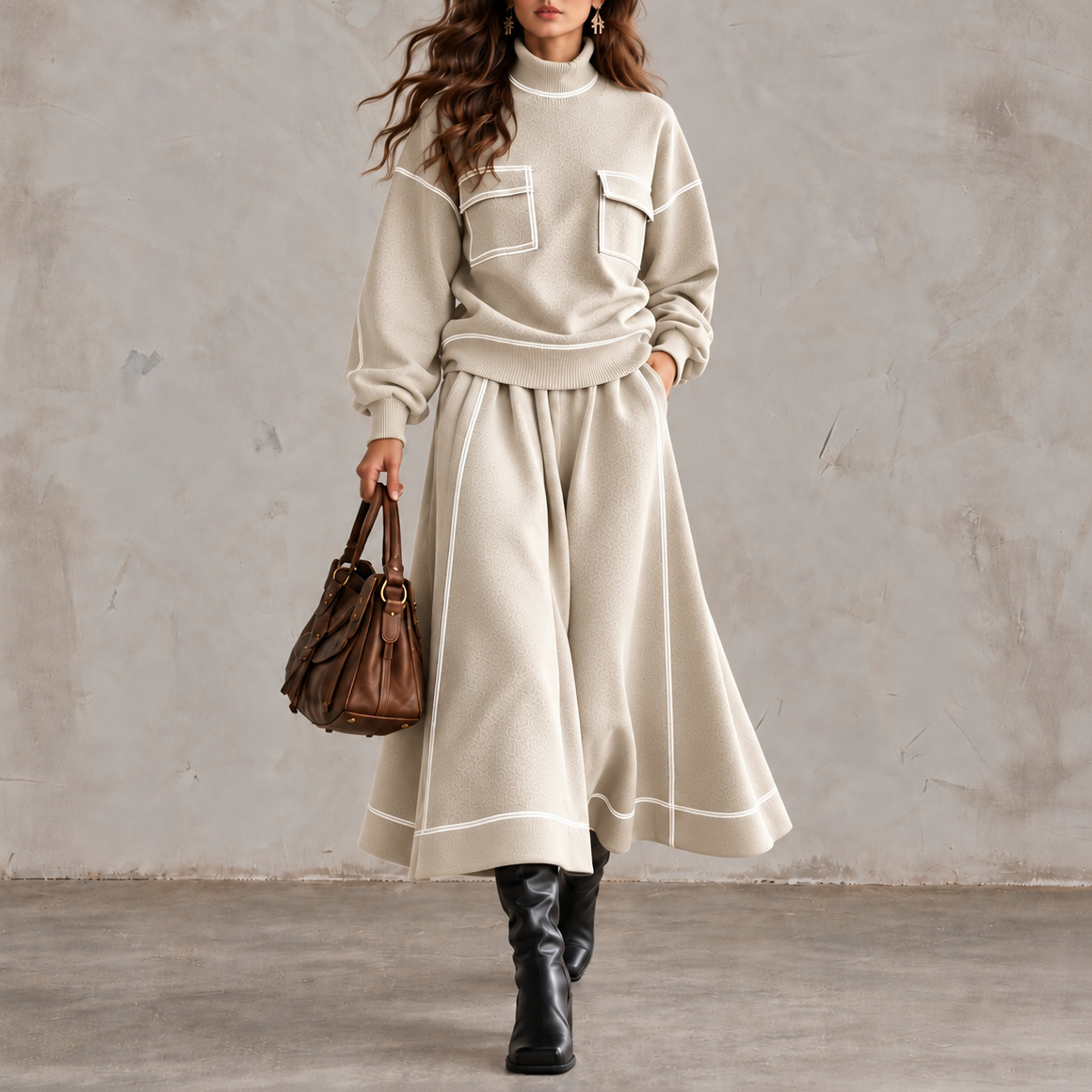High-neck Color-block Top And Loose Wide-hem Skirt Two-piece Set