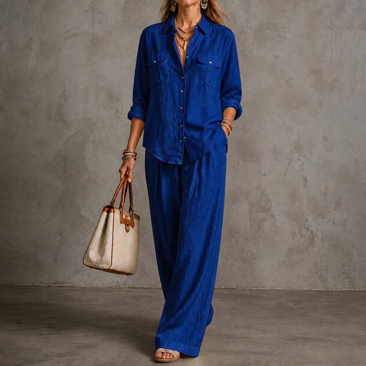 Elegance Long-sleeved Shirt + Wide-leg Pants Two-piece Set