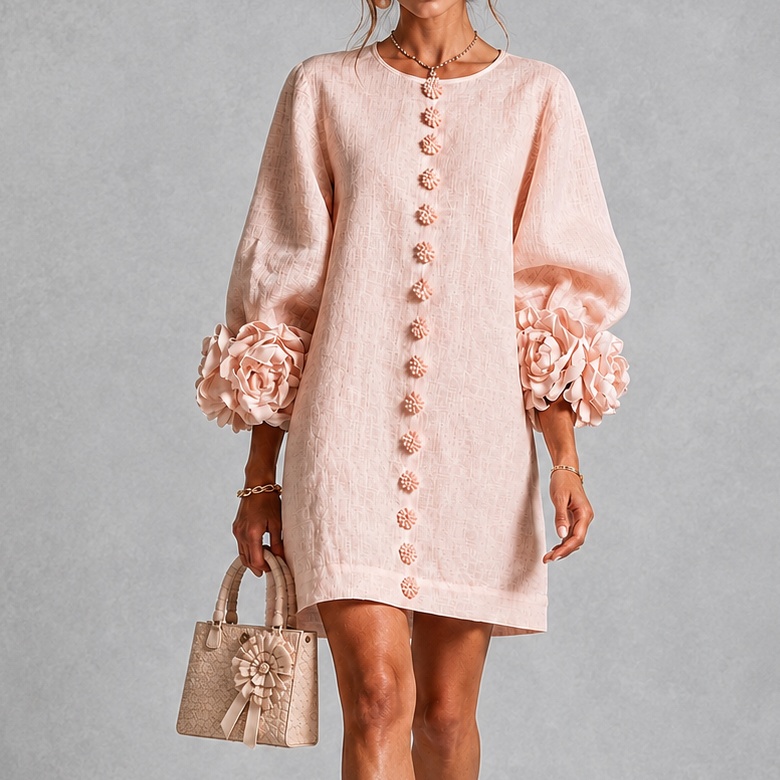 Elegant 3d Floral Lantern Sleeves Midi Dress