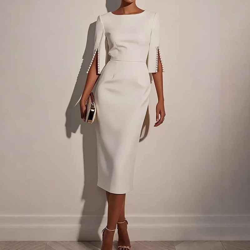 Elegant Solid Color Round Neck Midi Dress