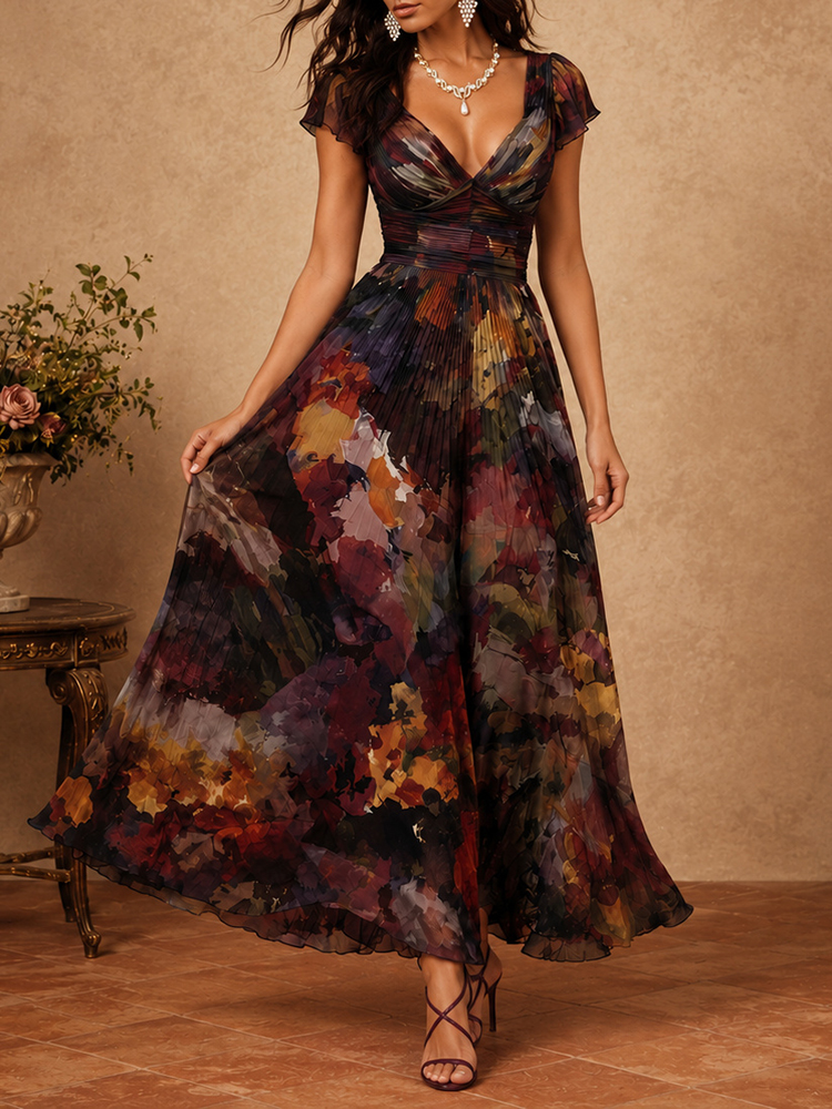 Retro Oil Painting Print V-neck Short-sleeved Chiffon Maxi Dress