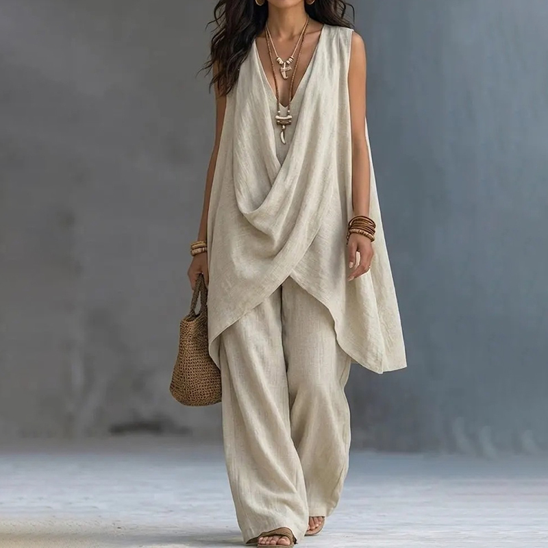 Solid Color Elegant V-neck Sleeveless Tank Top Two Piece Set