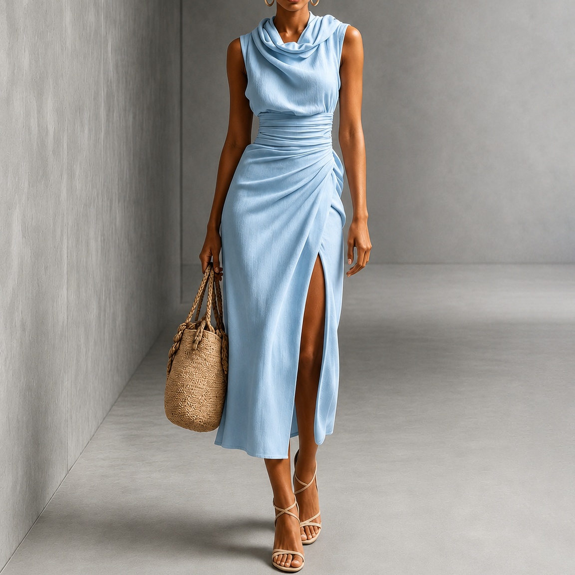Elegant Sleeveless Turtleneck With Pleats And Slits Maxi Dress