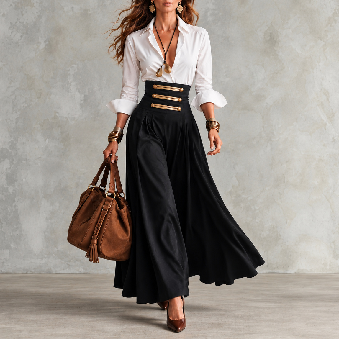 White Shirt And High-waisted Full Skirt Two-piece Set