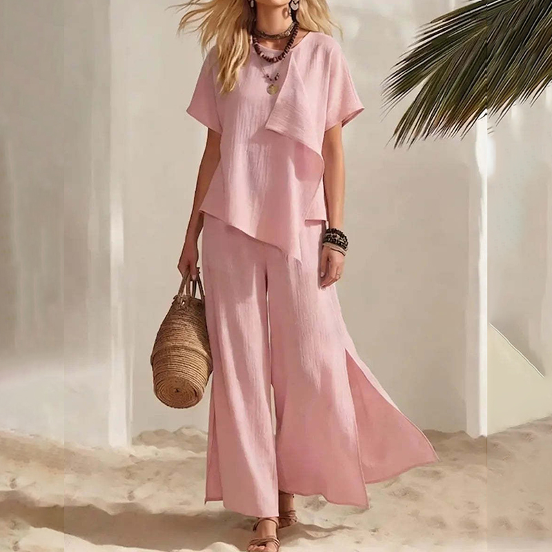 Casual Irregular Tops With Slits And Wide-leg Pantstwo-piece Set