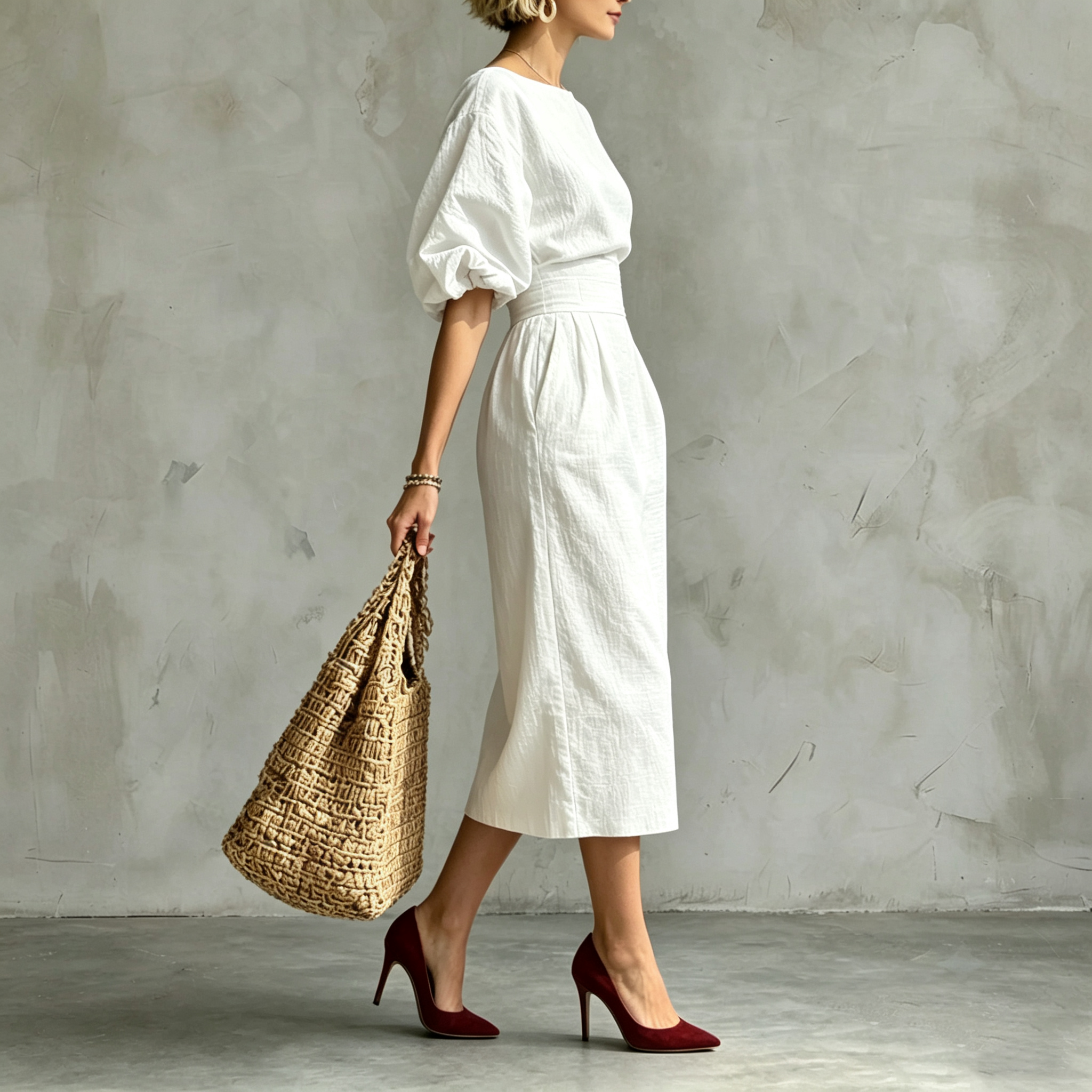 Elegant Pleated Waist Boat Neck A-line Skirt With Puff Sleeves Max Dress