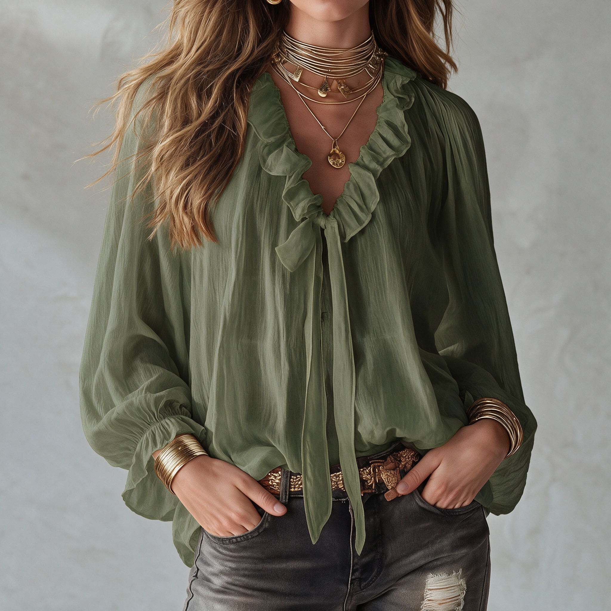 Elegant V-neck With Ruffled Tie Blouse