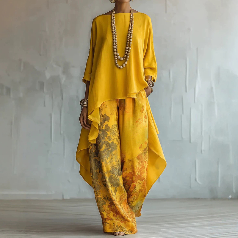 Elegant Flower Print Irregular Shirt And Wide Leg Pants Two Piece Set