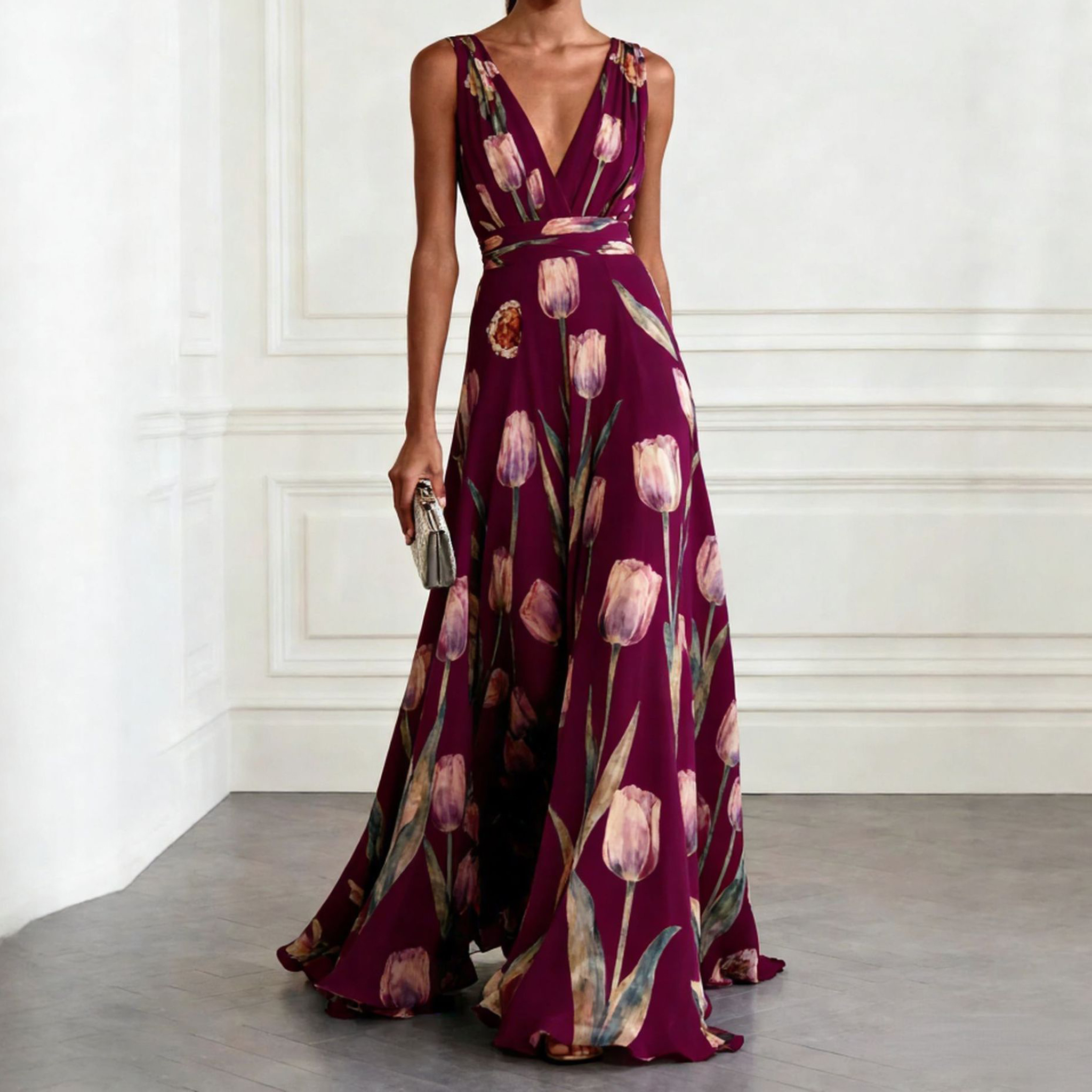 Tulip Print Sleeveless V-neck Maxi Dress