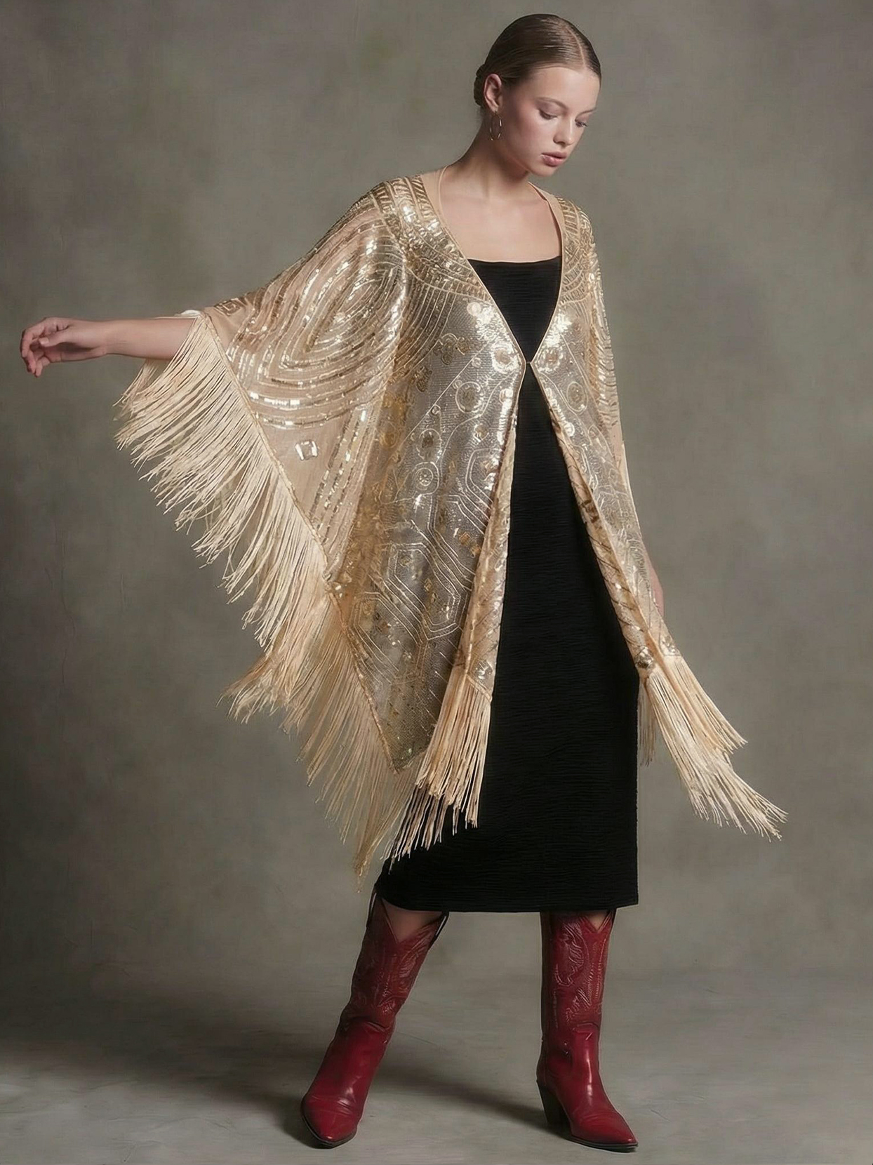 Vintage 1920s Elegant Sequins Tassel Fringe Women's Poncho Kimono