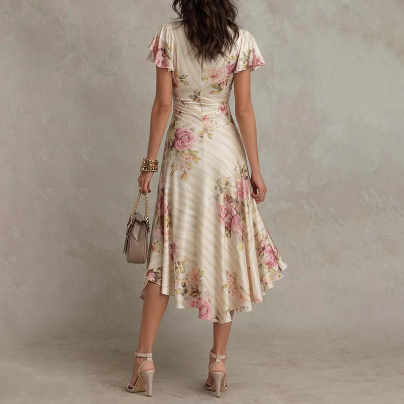 French Print Pleated Floral Elegant Dress