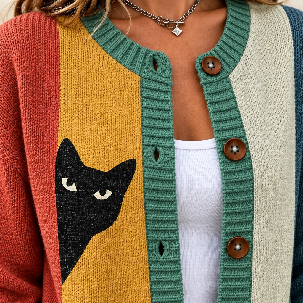 Playful Black Cat Colorblock Button Front Knit Cardigan Sweater