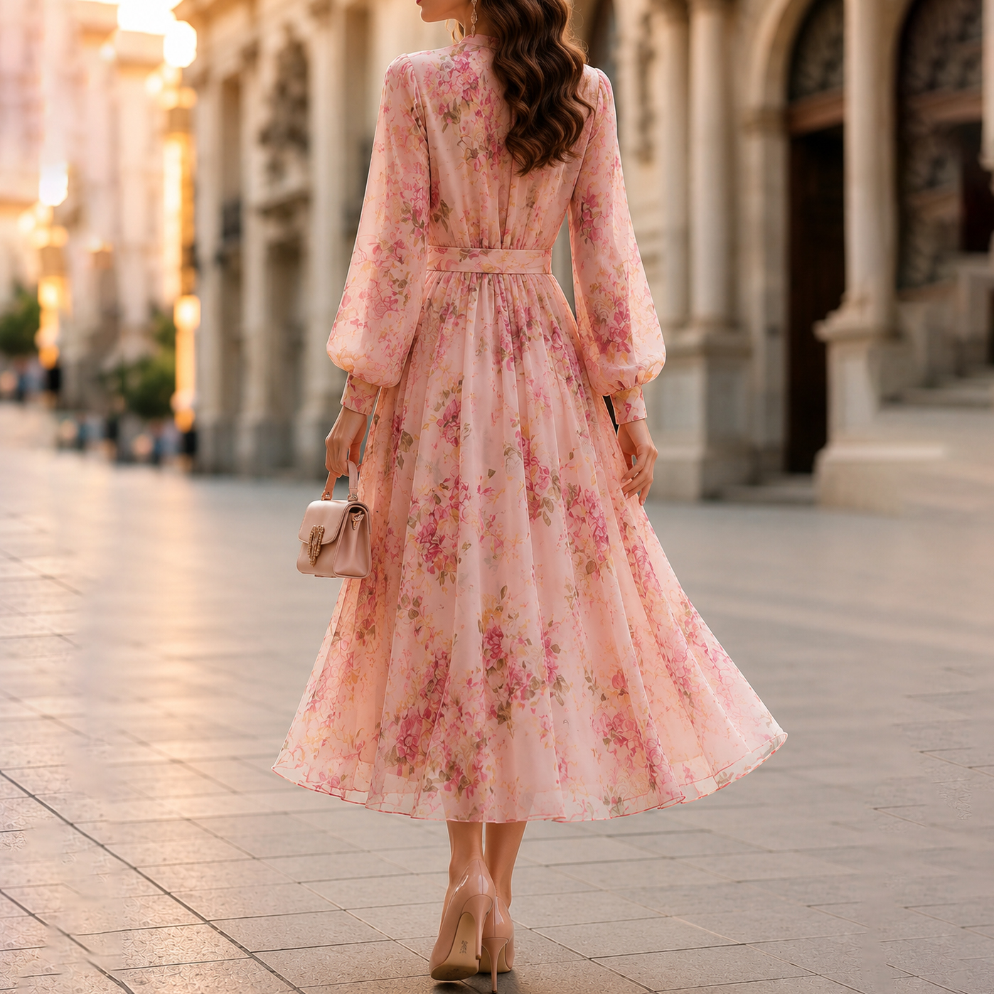 Elegant Printed Long-sleeved Fitted Waist Tie Maxi Dress