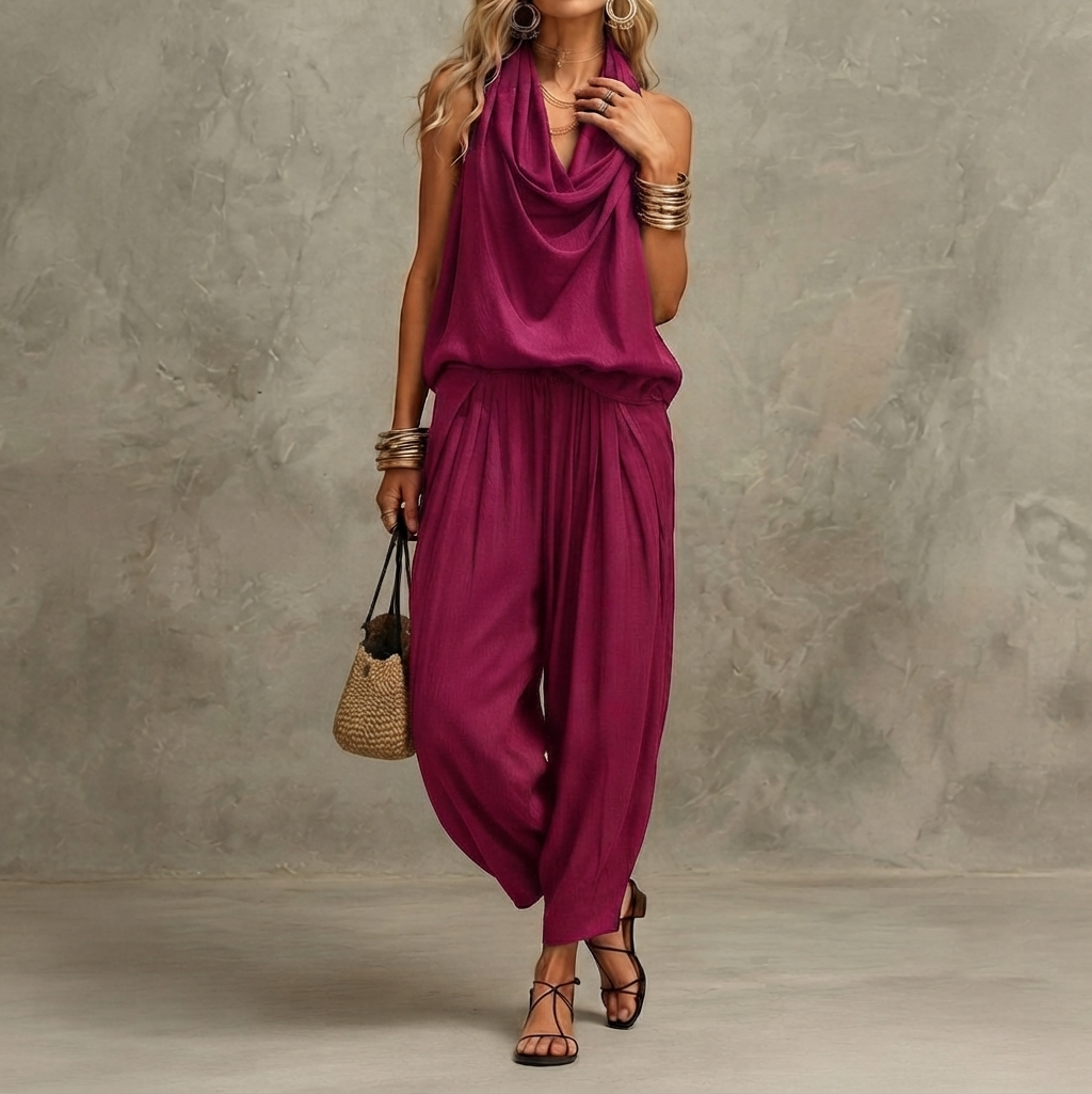 Retro Halter Neck Wide-leg Jumpsuit