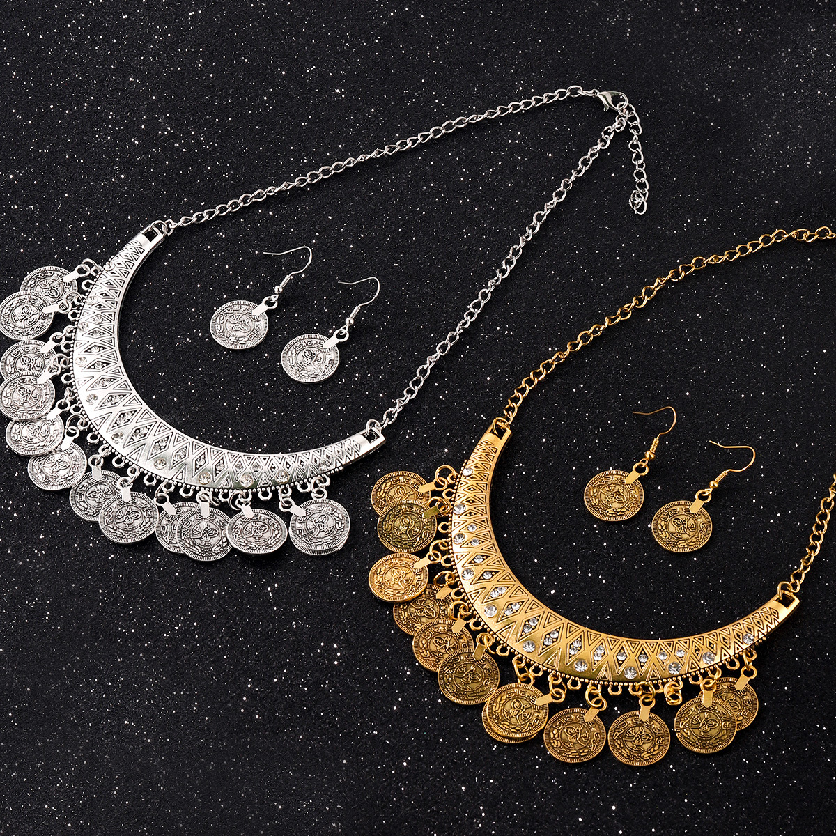 2pcs/set Vintage-style Rhinestone Coin Earrings And Coin Tassel Necklace Jewelry Set