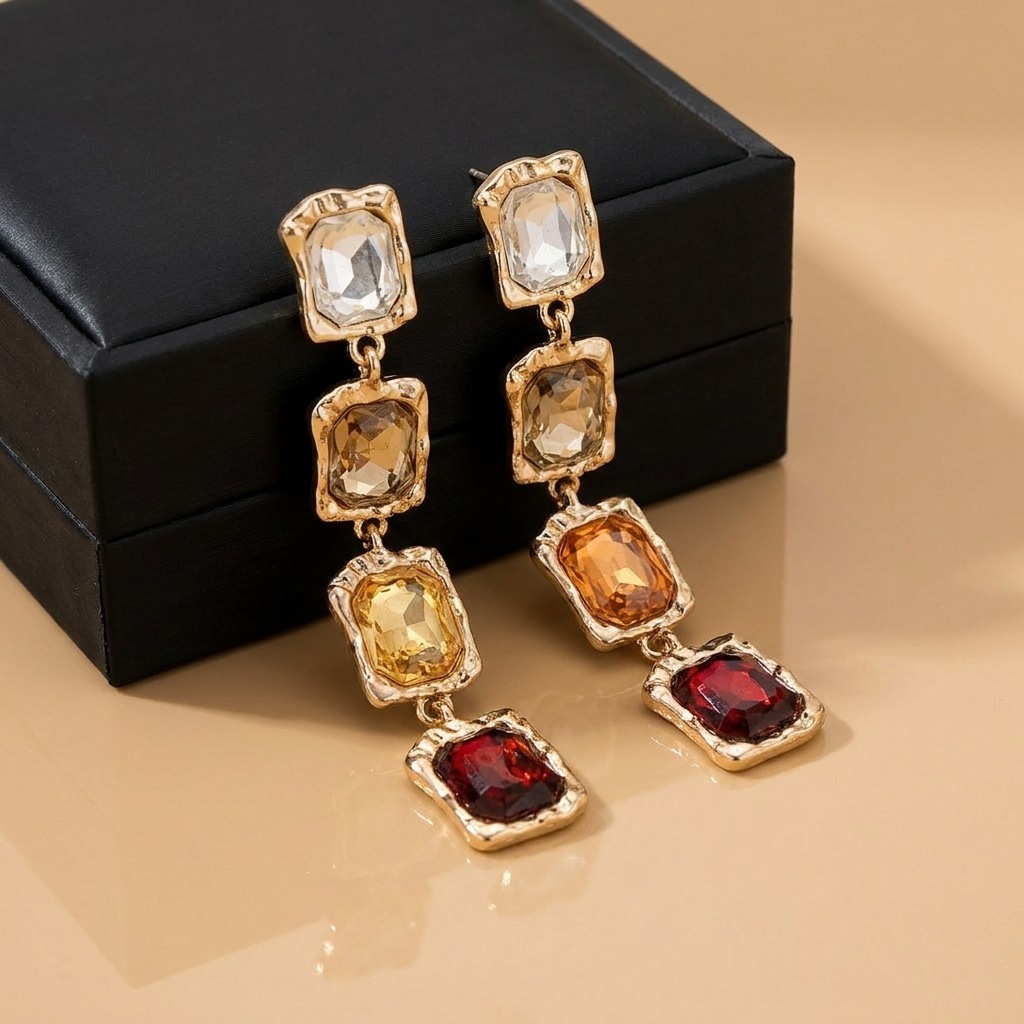 2pcs/set Elegant Square Diamond-encrusted Clavicle Necklace & Earring Party Jewelry Set