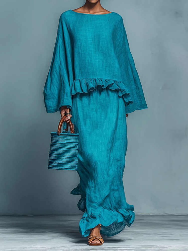 Ruffled Top And Skirt Linen Two Piece Set