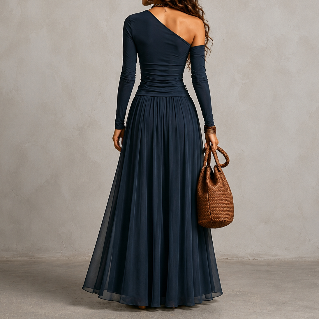  +1 Retro Solid Color Simple Off-shoulder Long-sleeved Dress