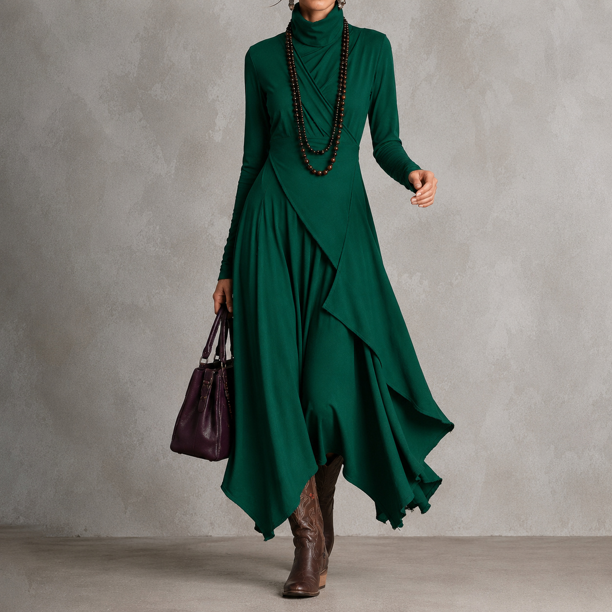 Retro Solid Color Long-sleeved Turtleneck Maxi Dress