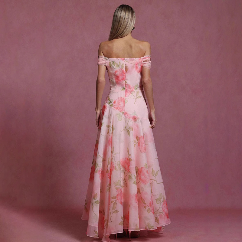 French Retro Floral Waist Casual Printed Off Shoulder Dress