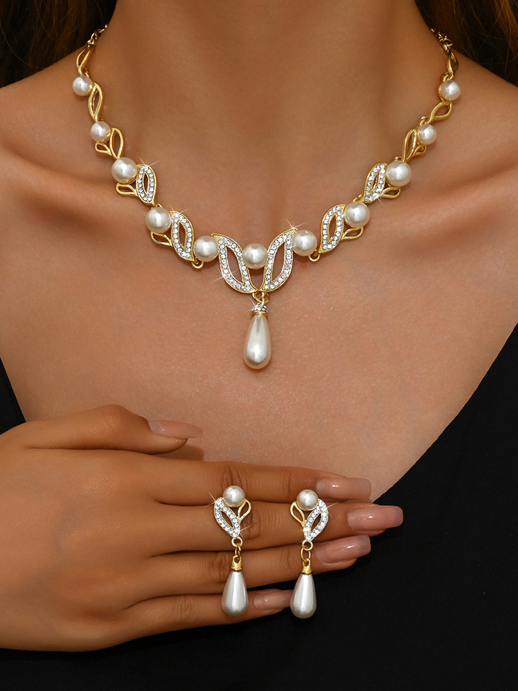 2pcs/set Elegant Imitation Pearl  Necklace Earrings And Bracelet Party Jewelry Set