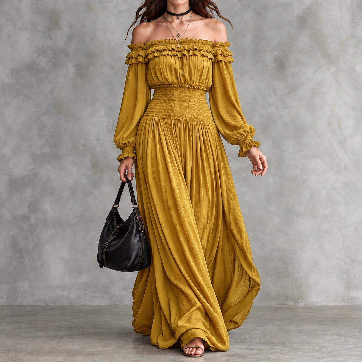 Off-the-shoulder Long-sleeved Ruffled Maxi Dress